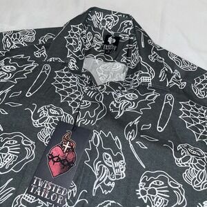 Twisted Tailor Mens Black Tattoo Print Button Down Shirt Long Sleeve Cotton‎ S